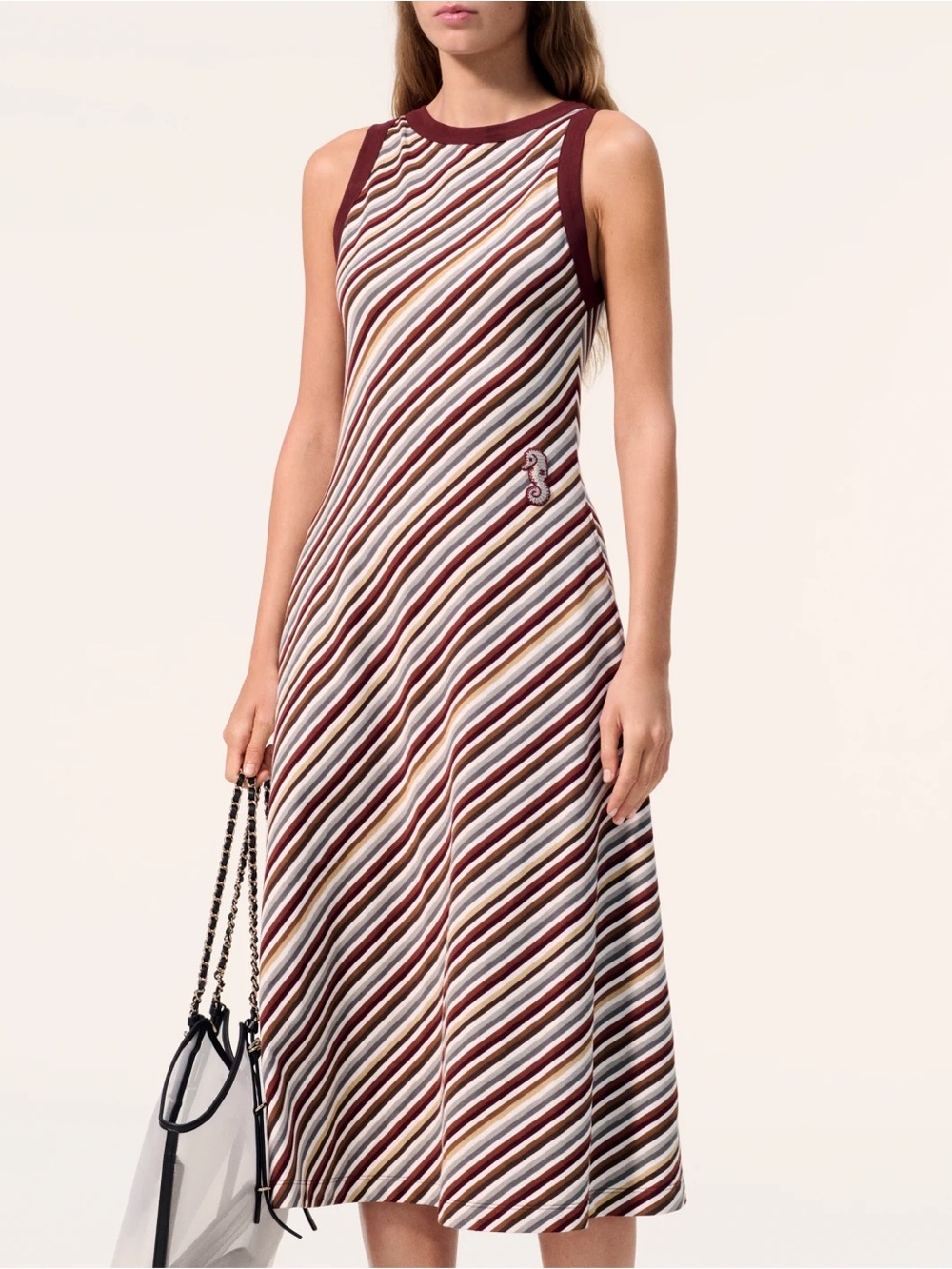 CHANEL Striped Sleeveless Midi Dress in Burgundy, White, Tan & Brown